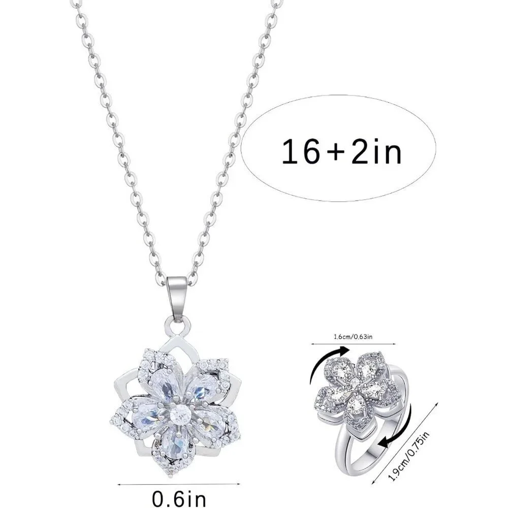 Women Flower Fidget Silver White Set2 Necklace Rotatable Crystal Blossom Pendant